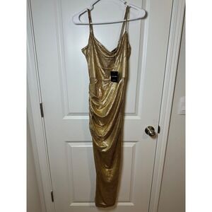 JLUXLABEL Gold Metallic Cowl Neck Draped Gown